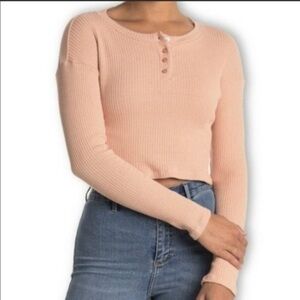 Lush Cafe Creme Ribbed Knit Long Sleeve Cropped Henley Top Sz XL